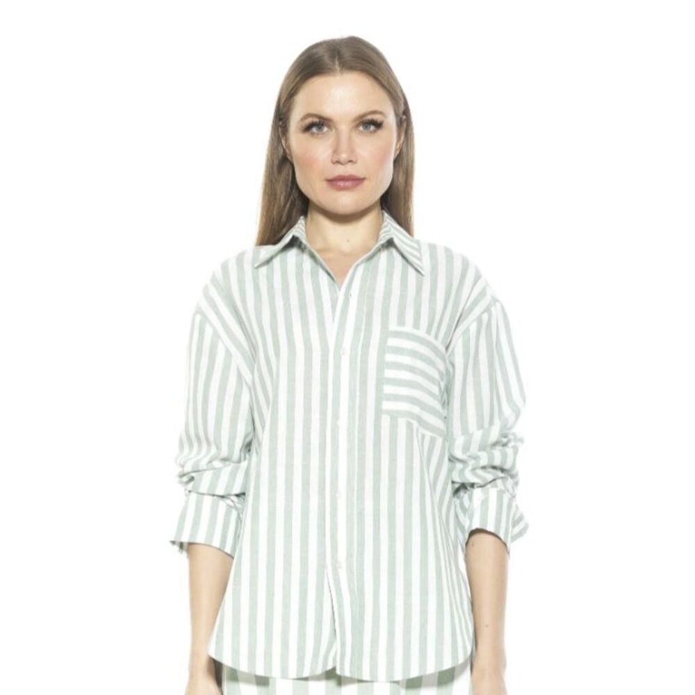 Alexia Admor, Tammi Oversize Stripe Boyfriend Button-Up Shirt, Size 10, EUC